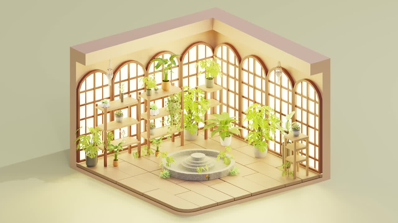 3D animation loop of room for potted plants with big windows. Isometric view