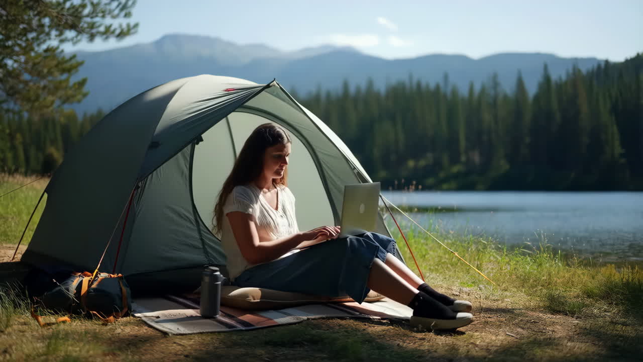 Woman working on laptop in a tent by a serene lake surrounded by mountains and forest