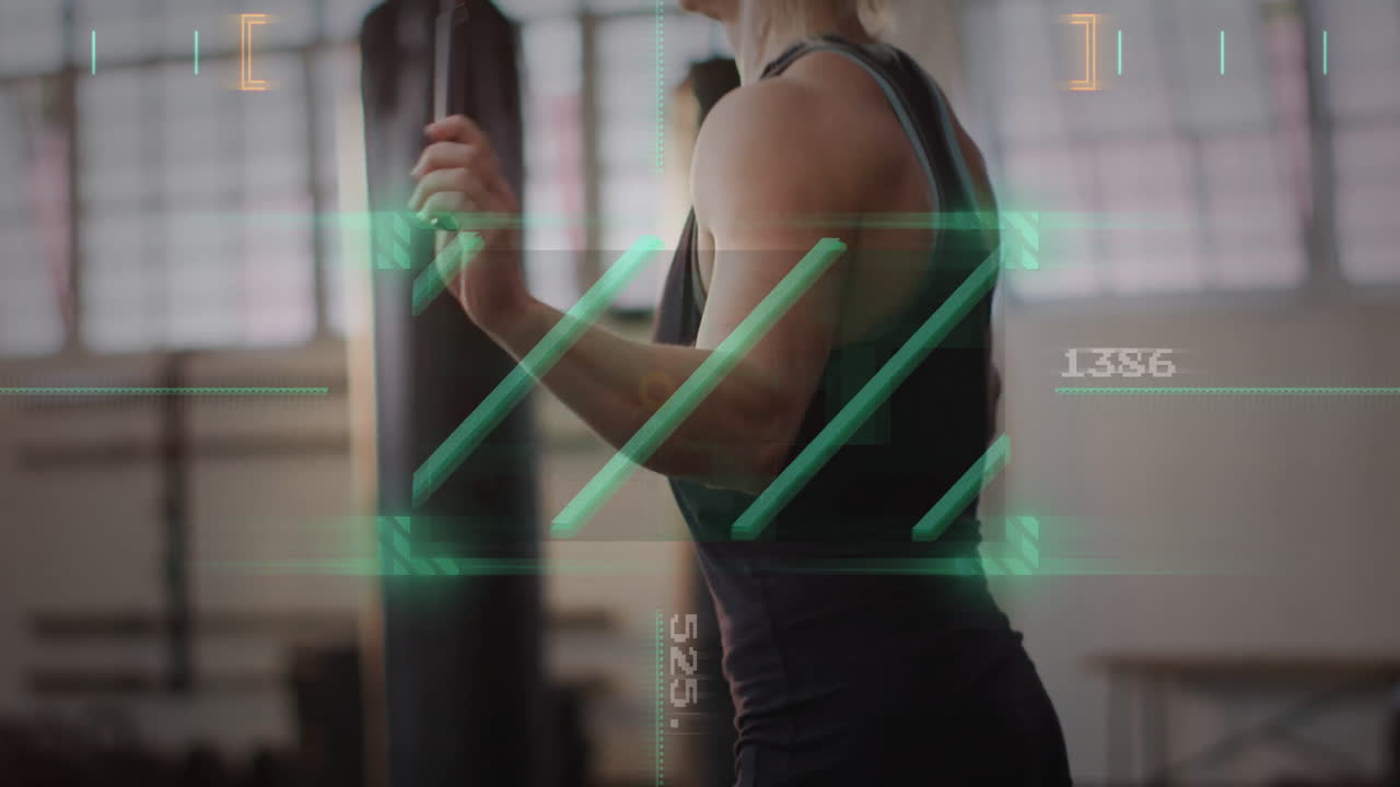 체육관에서 로프를 뛰어넘는 백인 여성에 대한 데이터 처리의 애니메이션