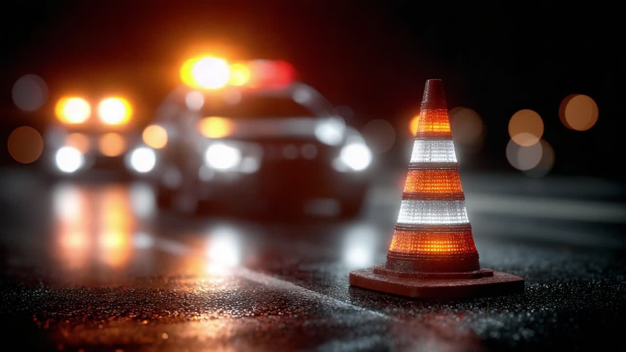 Nighttime Scene Featuring a Traffic Cone with Emergency Vehicle Lights Conveying a Sense of Urgency and Safety on a Wet Road Surface