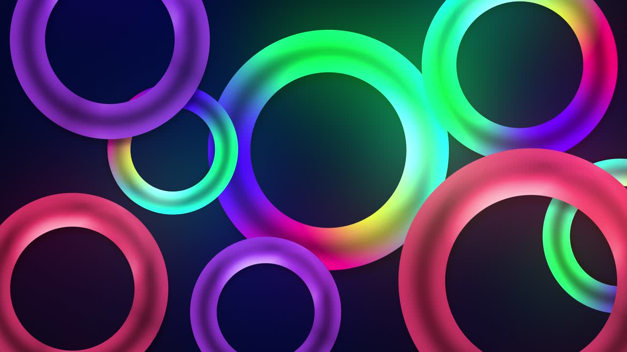 Floating circular multicolour glowing neon 3D torus loop rings on a dark gradient background creating vivid visual shapes vibrant abstract elements dynamic motion graphic animations purple red green