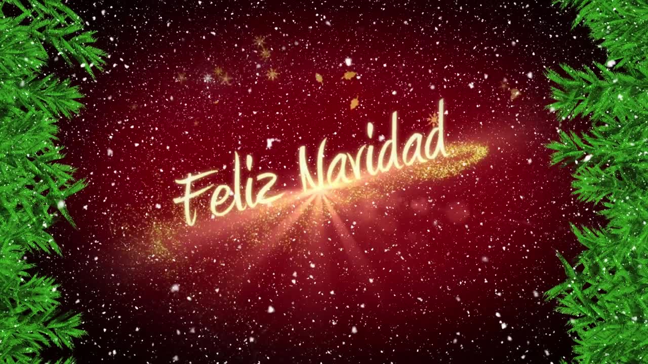 animación digital de una estrella fugaz formando un texto de feliz navidad contra la nieve que cae sobre un fondo rojo
