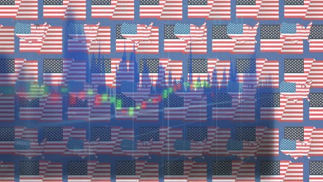 animation of statistics processing over flags of united states of america