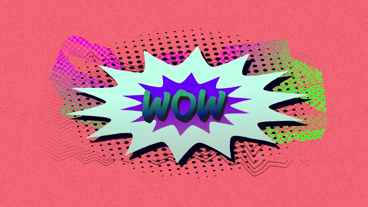 Animasjon av "wow"-tekst over en retro snakkeboble mot fargerike abstrakte former på rosa bakgrunn.