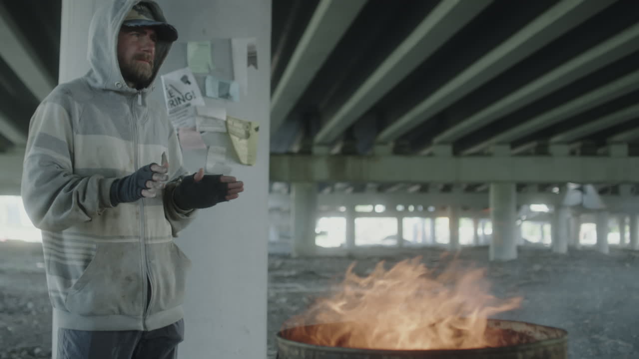 Homeless Man Warming Hands by Fire Barrel
