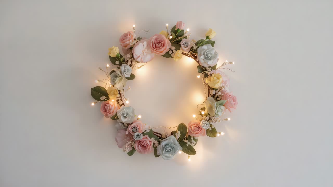 LED-Lampen verschieben sich und erzeugen eine funkelnde Kranzdarstellung an einer hellen Wand mit pastellfarbenen Rosen und Blättern