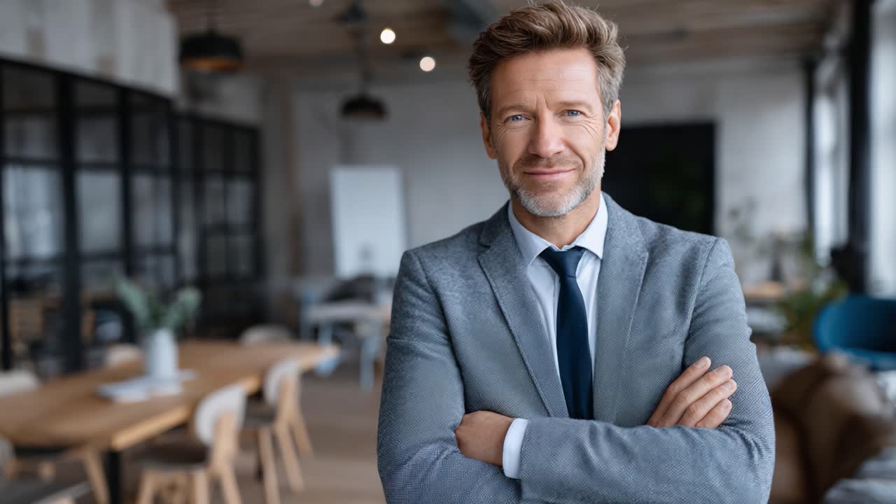 Confident Professional Man in Business Attire Smiling in Modern Office Environment with Stylish Furnishings and Warm Lighting