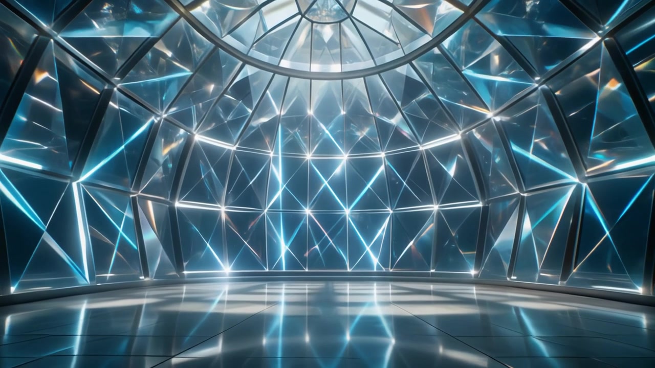 Futuristic Glass Dome Interior with Glowing Blue Geometric Light Patterns