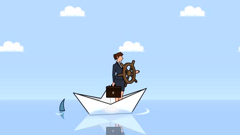 personaje de mujer de negocios de dibujos animados plana con rueda de timón flotando en un barco de papel con negocios de tiburón control de concepto de animación