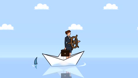 flat cartoon businesswoman character with helm wheel floating on paper boat with shark businesss control concept animation