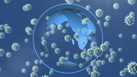 animation of 3d covid 19 cells floating over globe on blue background