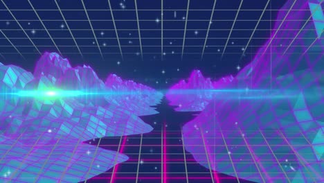 animation of shining stars over metaverse structures over grid network against blue background