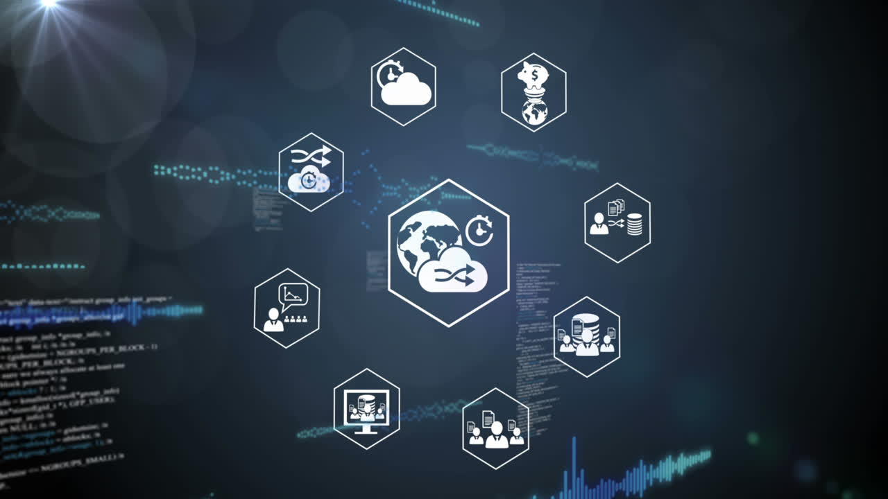 animación del procesamiento de datos sobre iconos de medios