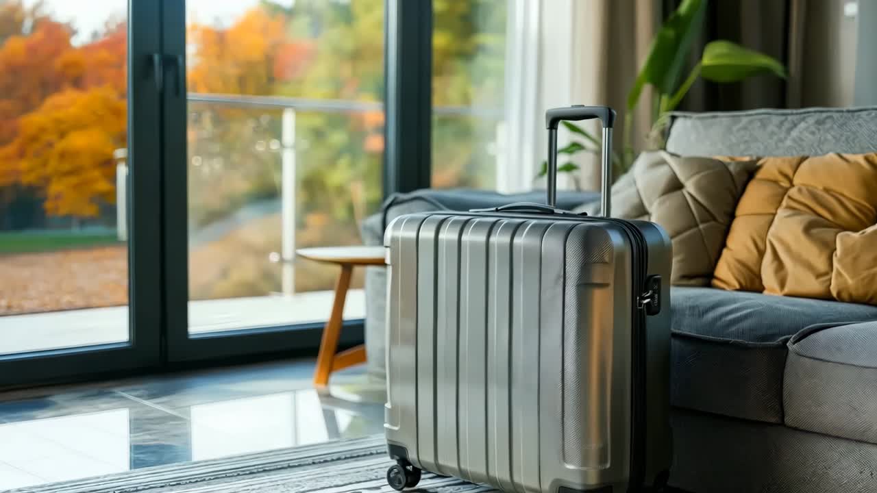Een zilveren koffer staand op een vloerkleed naast een bank