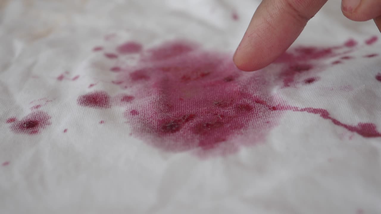 A finger pointing at a red stain on white fabric