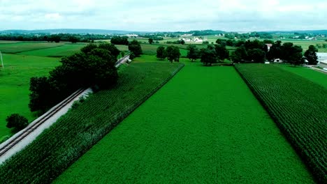 train tracks in amish countryside and farmlands as seen by drone