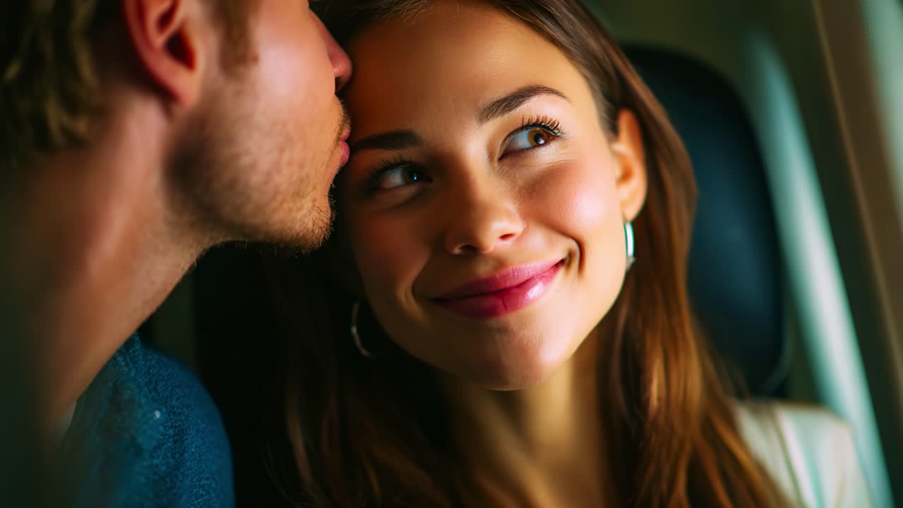 A heartfelt moment captured on an airplane as two people share a tender kiss on the forehead, reflecting love and connection amidst the enchanting backdrop of their journey together