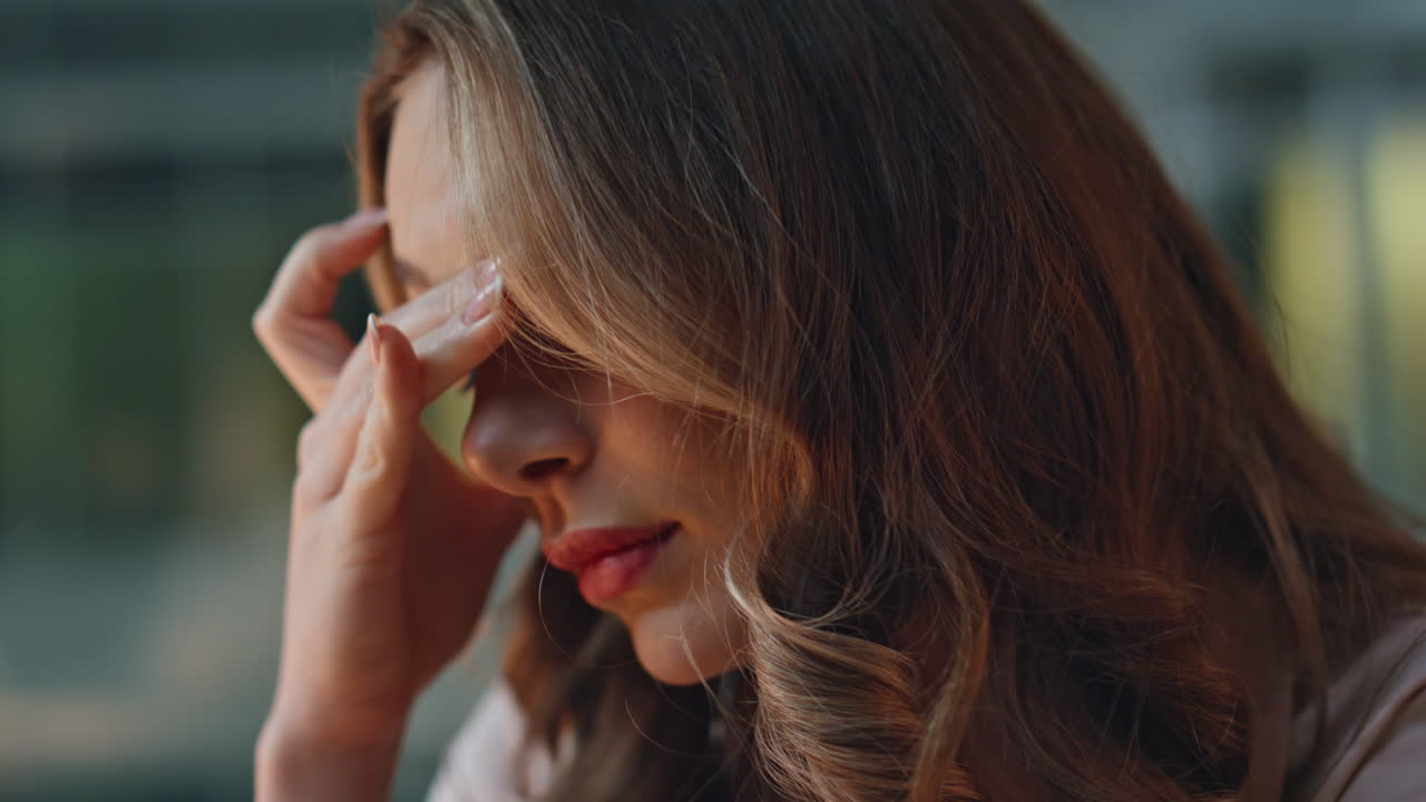 Night employee rubbing eyes feeling strain. Closeup exhausted businesswoman