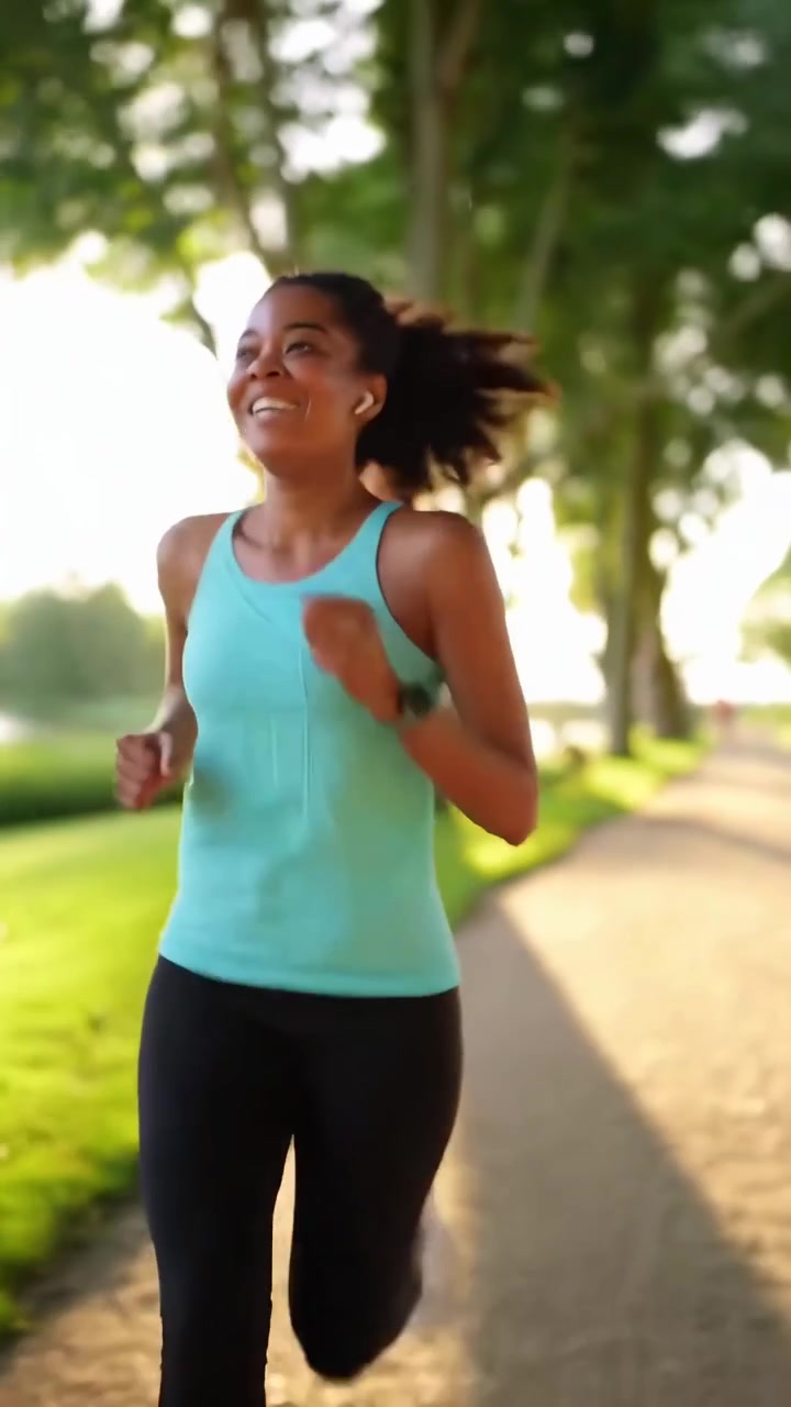 Giovane donna che fa jogging su un sentiero soleggiato nel parco