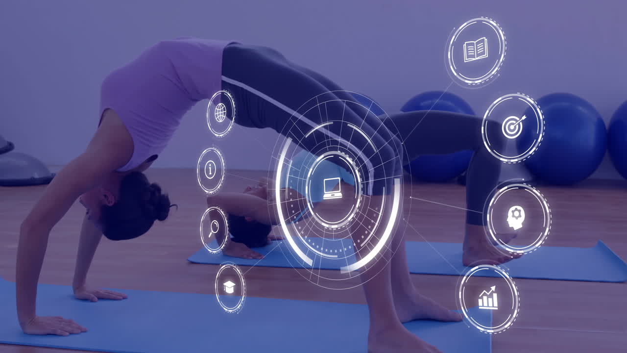 요가를 연습하는 여성, 디지털 인터페이스 아이콘 애니메이션 오버 운동 스튜디오