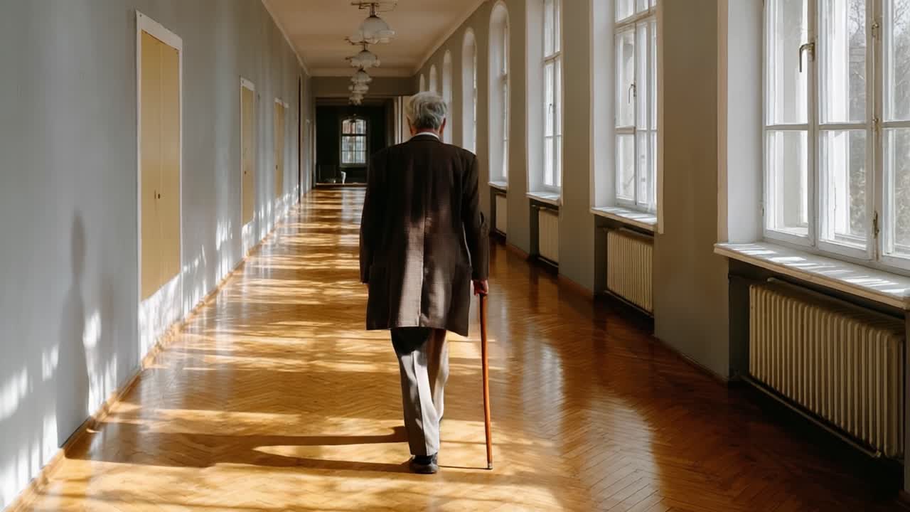 An elderly man walks slowly down a sunlit corridor, highlighting themes of solitude, passage of time, and the stark beauty of aging in a quiet, abandoned space