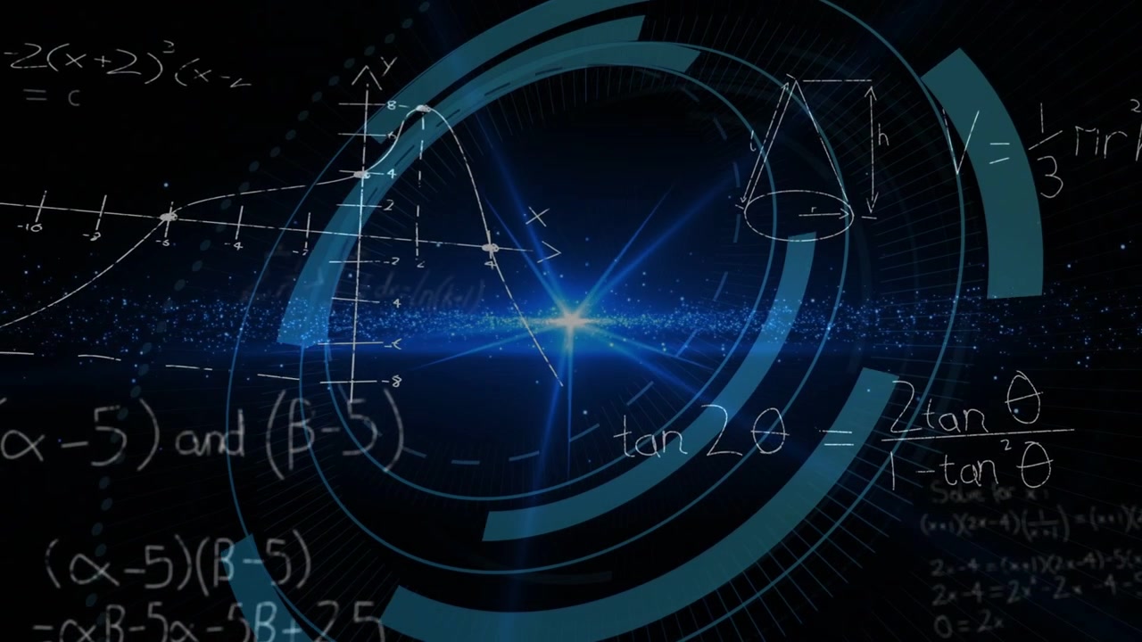 Central blue flare emerging sparking HUD rings forming rotating revealing equations showing math
