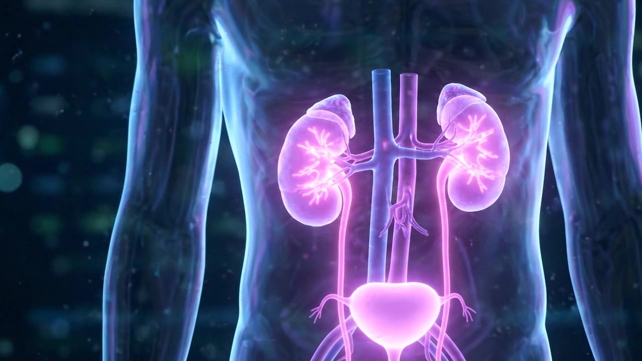 Blue Human Skeleton Scan Highlighting Urinary System
