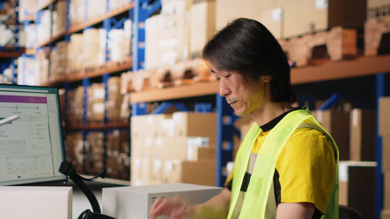 Vertical Video Staff member scanning barcode tracking info on tags before dispatch