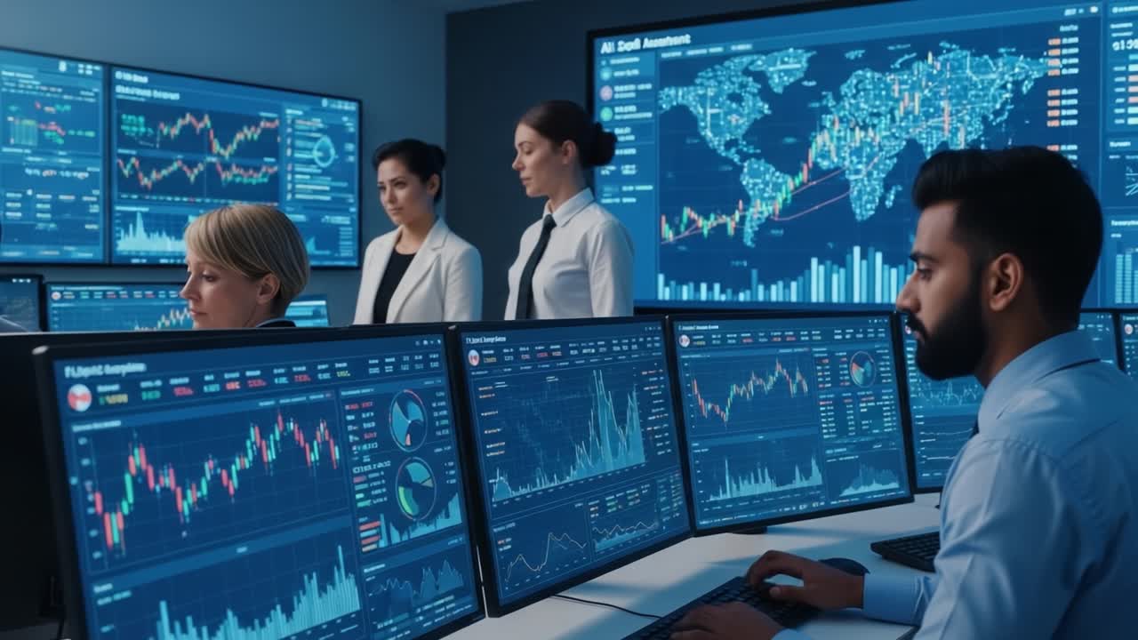 Analysts Observing Financial Data Trends in a High-Tech Control Room, Utilizing Advanced Technology and Data Analytics for Strategic Decisions