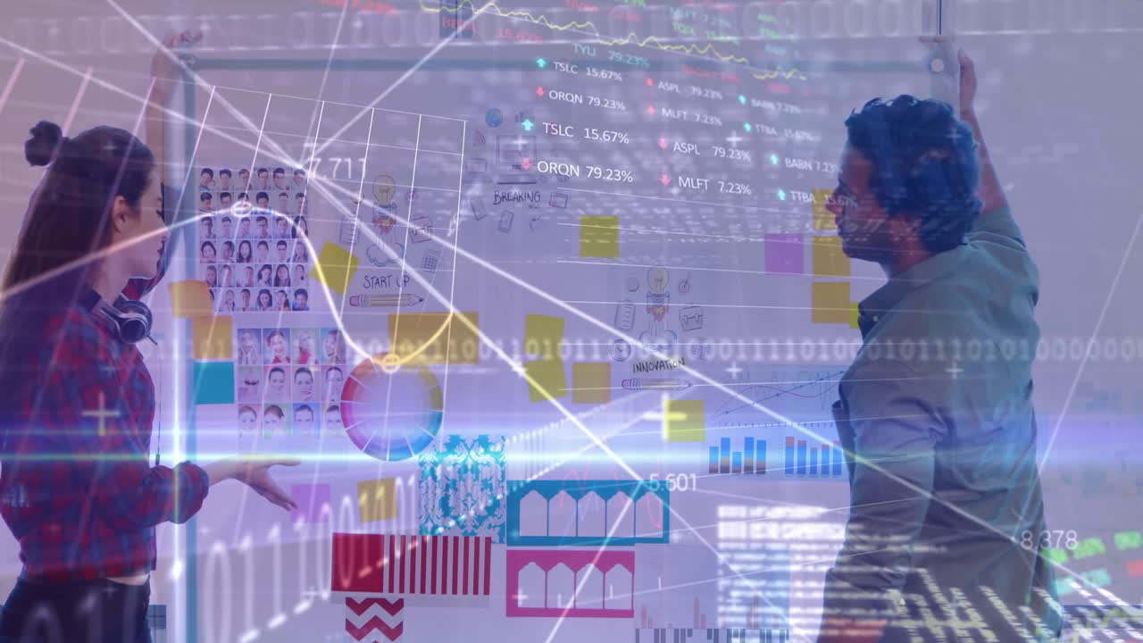 Animation of data processing over diverse business people talking