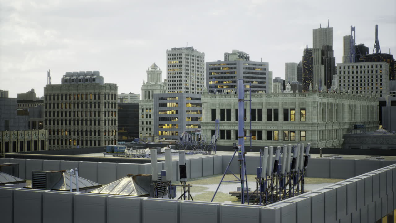 City skyline during twilight with antennas and rooftops visible