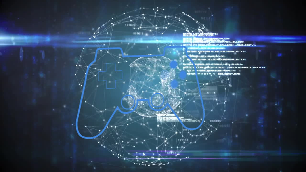 Digital network and coding animation over video game controller outline