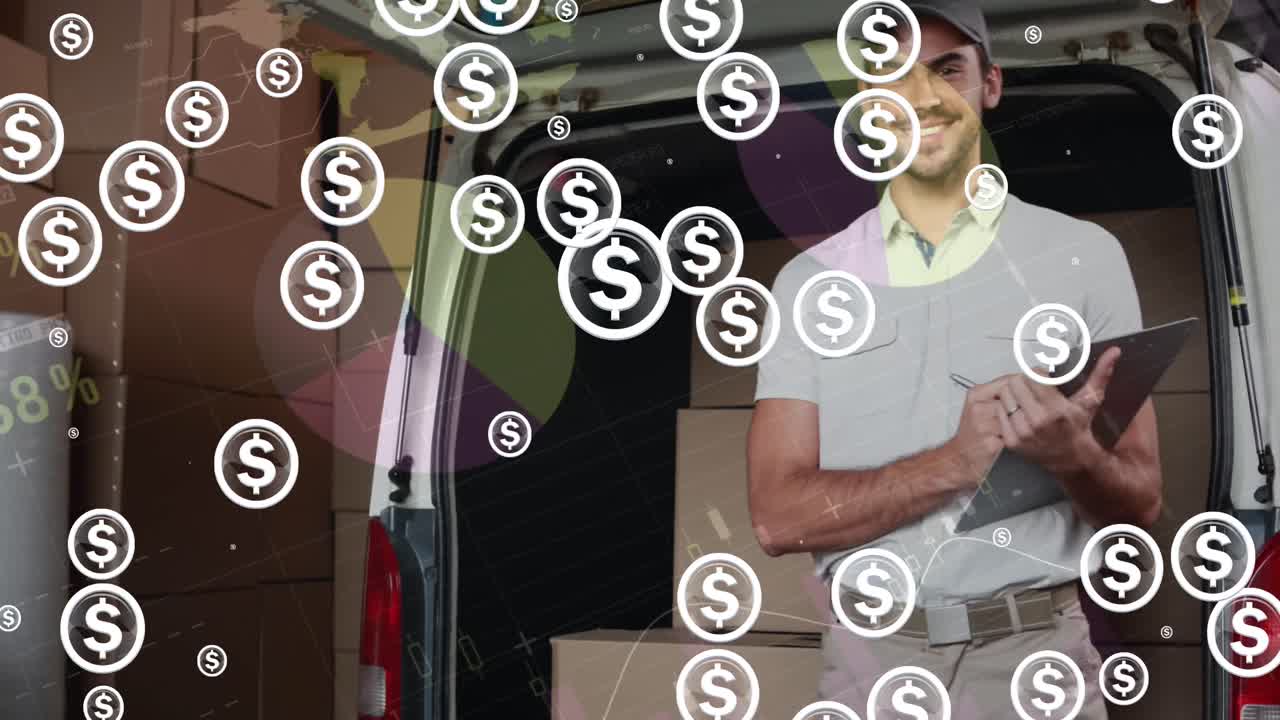 animación de iconos de dólares cayendo sobre el repartidor al lado de un coche
