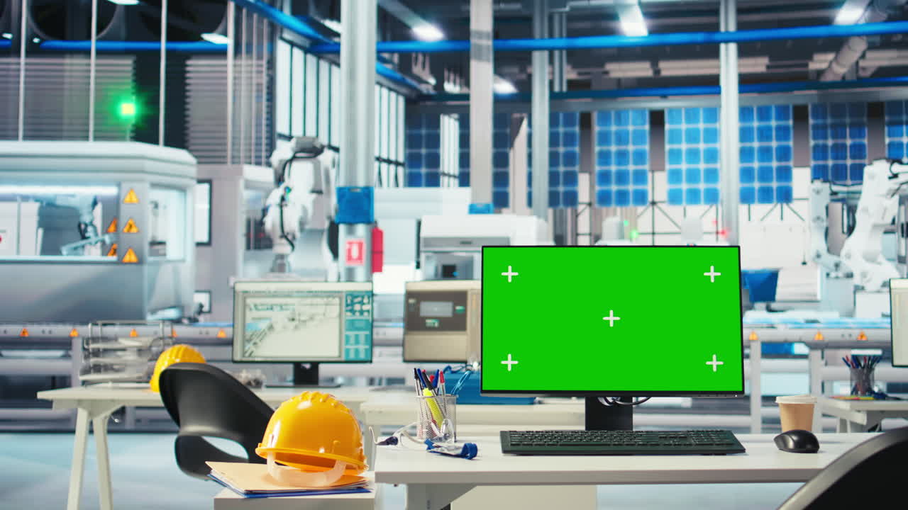 데이터를 분석하는 데 사용되는 광전자 공장의 모형 pc 모니터