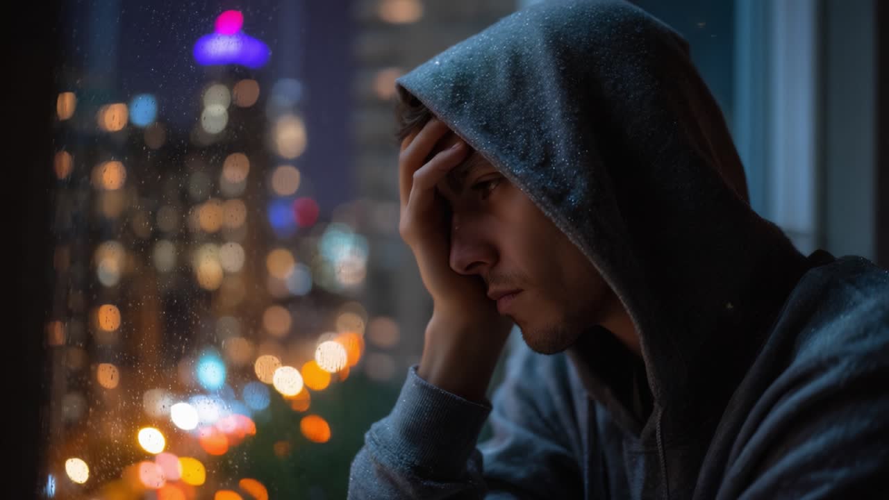Un giovane uomo pensieroso con una felpa con cappuccio guarda fuori da una finestra piovosa, immerso nei pensieri, sullo sfondo di vivaci luci della città, riflettendo il suo tumulto interiore e la sua solitudine