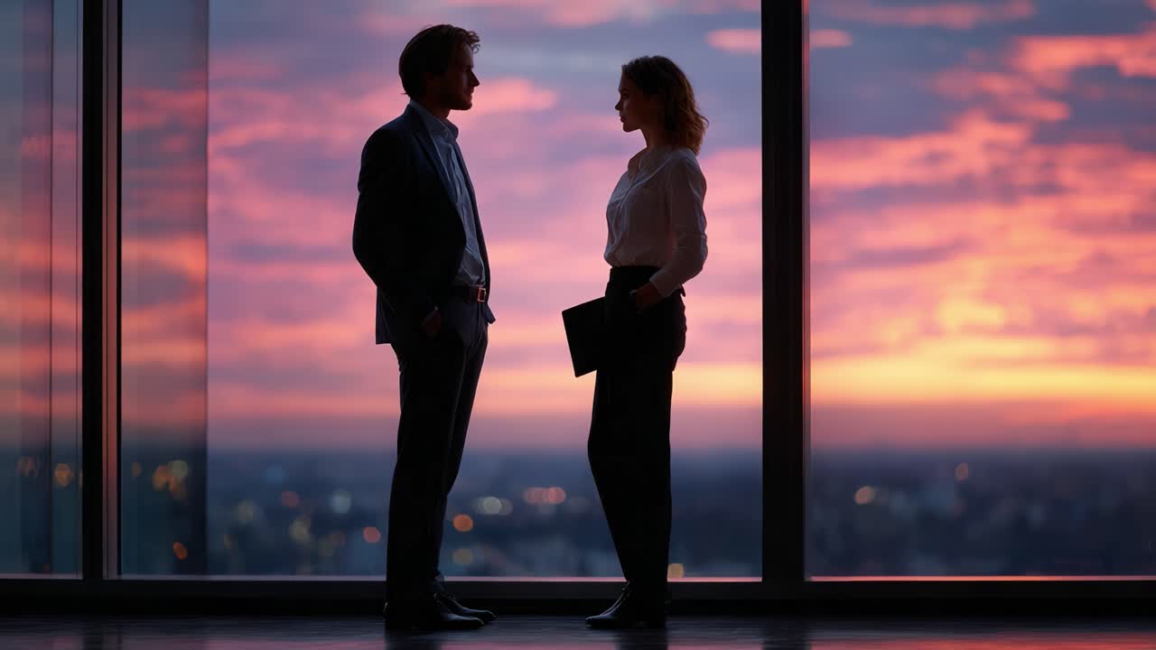 Un sereno dialogo serale: due professionisti in silhouette impegnati in una conversazione riflessiva sullo sfondo di una vista mozzafiato del tramonto da un grattacielo urbano