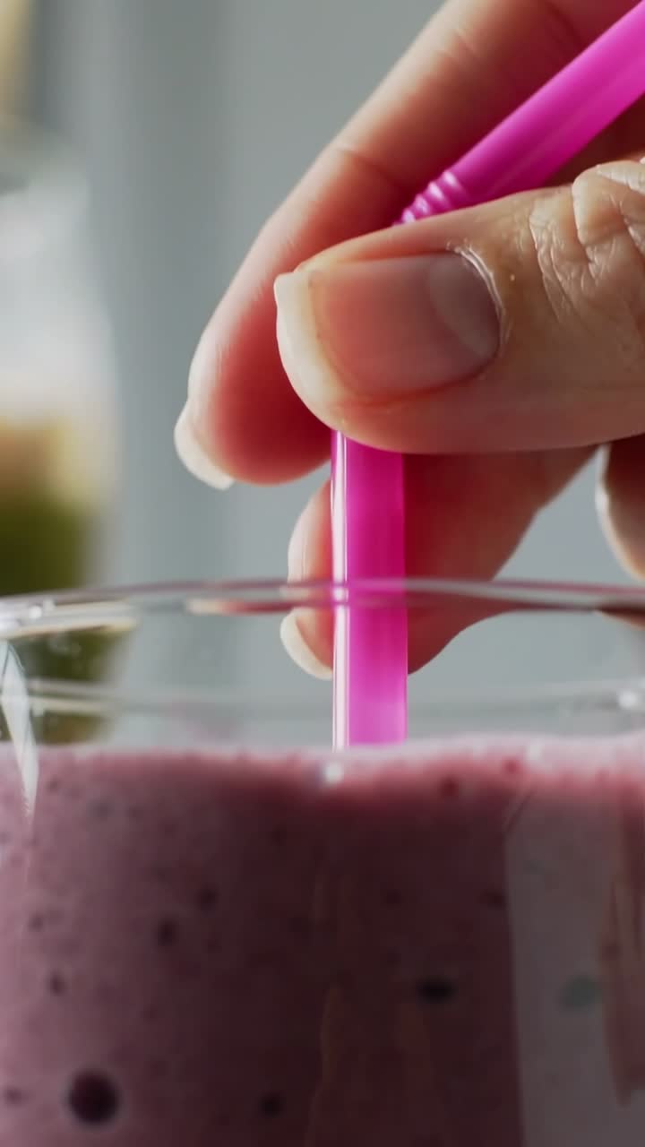 Video verticale: Mano destra che preme una cannuccia rosa in un frullato viola, piegando il gomito per bere.