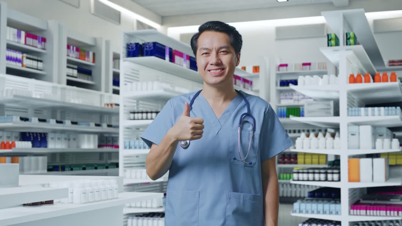 스테토스코프를 들고 있는 아시아 남성 의사 가 약국 에서 엄지손가락 을 올려 놓고 미소 짓고 있다