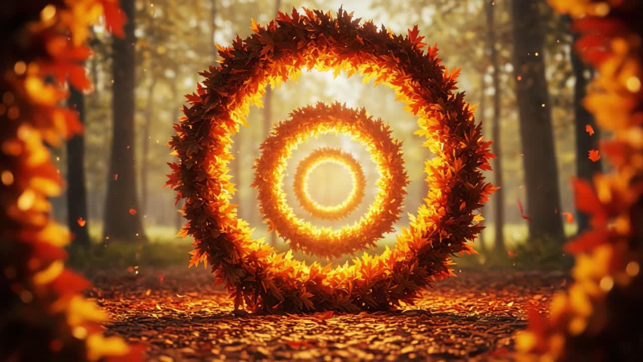 Captivating Circles of Autumn Blaze: Enchanting Leafy Rings Illuminate a Forest Path with Golden Hues and Whirling Leaves in a Magical Fall Wonderland