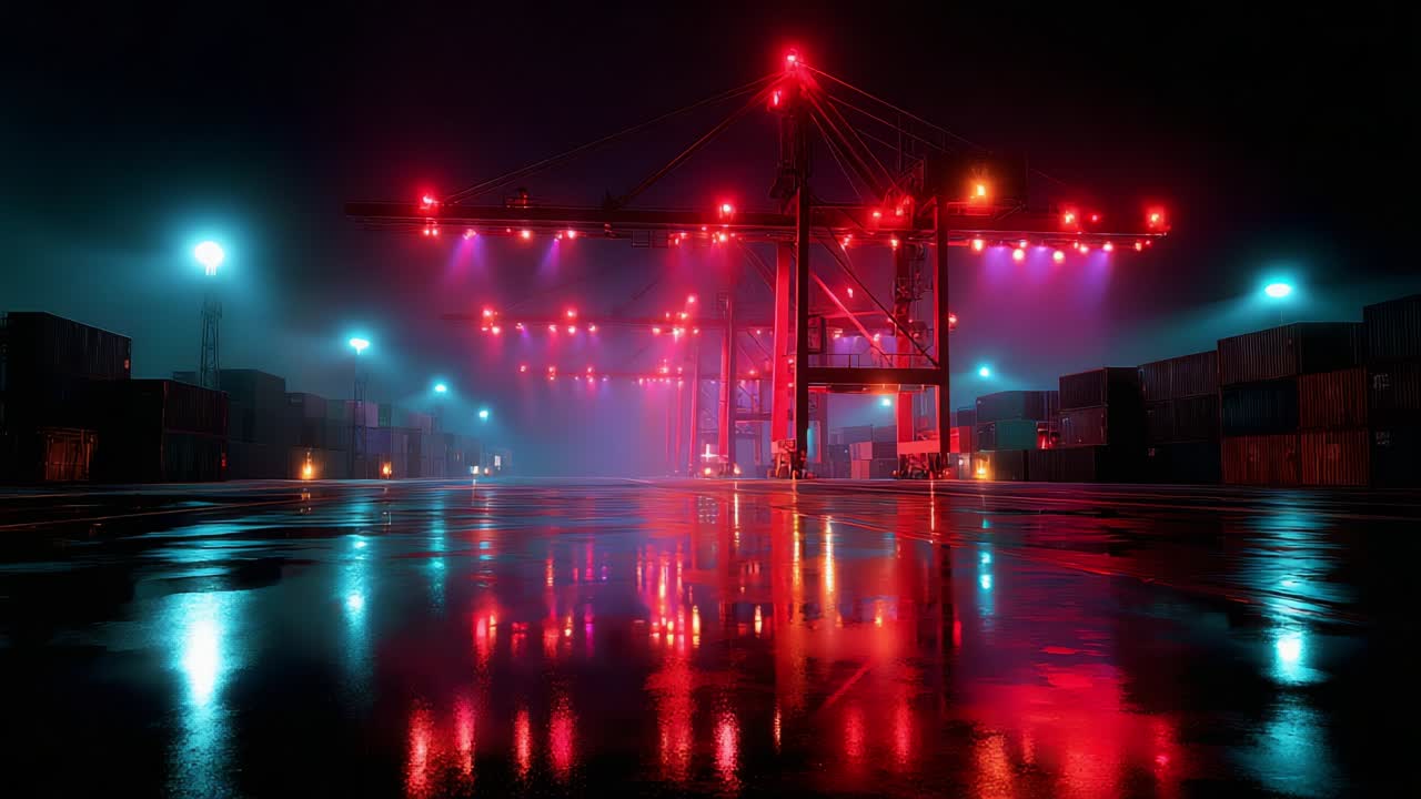 A Captivating Night Scene at a Container Terminal: The Dazzling Display of Colorful Lights Reflecting Off Wet Surfaces Amidst Stacked Cargo Containers, Creating an Enchanting Atmosphere