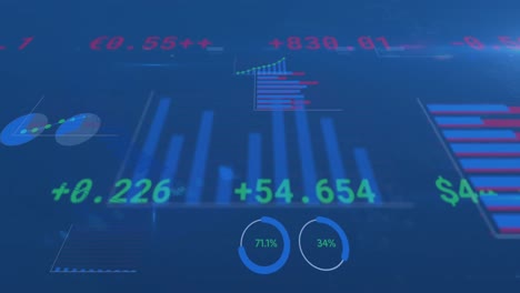 Animation-of-statistical-data-processing-and-light-spot-against-blue-background