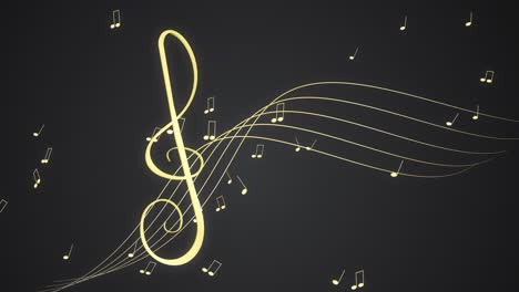 treble clef and rotating musical notes on the dark background, loop animation 4k