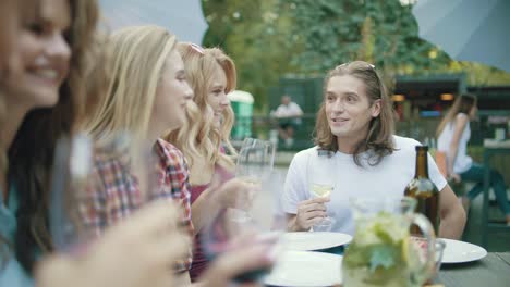 friends with drinks at dinner party outdoors.