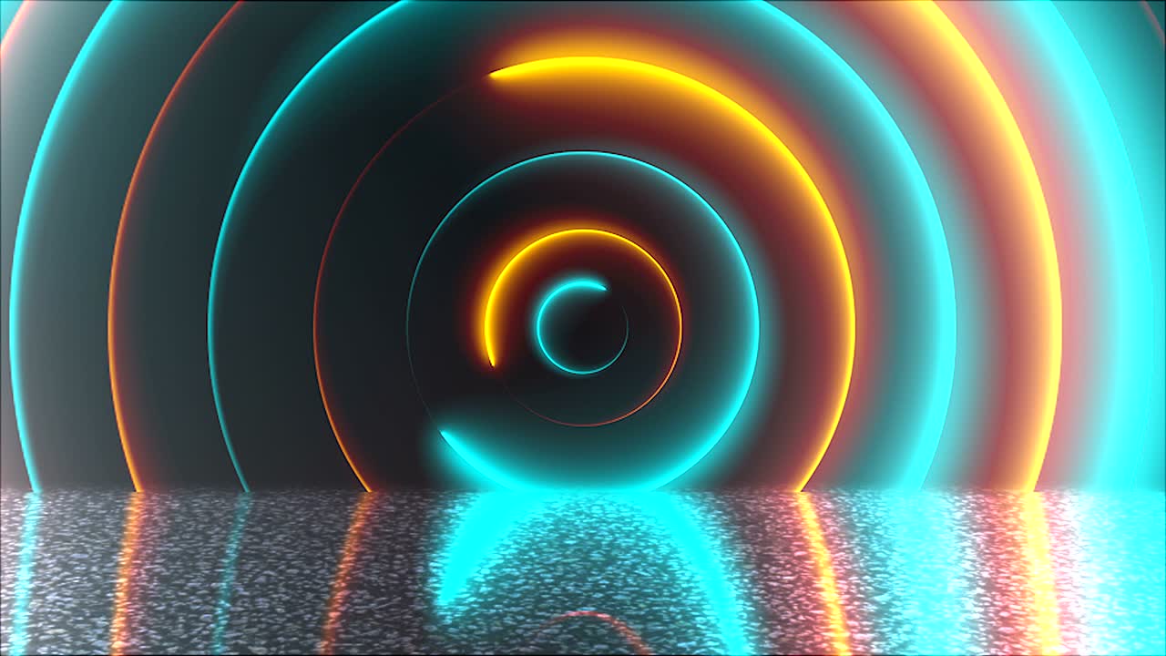 círculos abstractos túnel de neón con reflejo, fondo generado por computadora