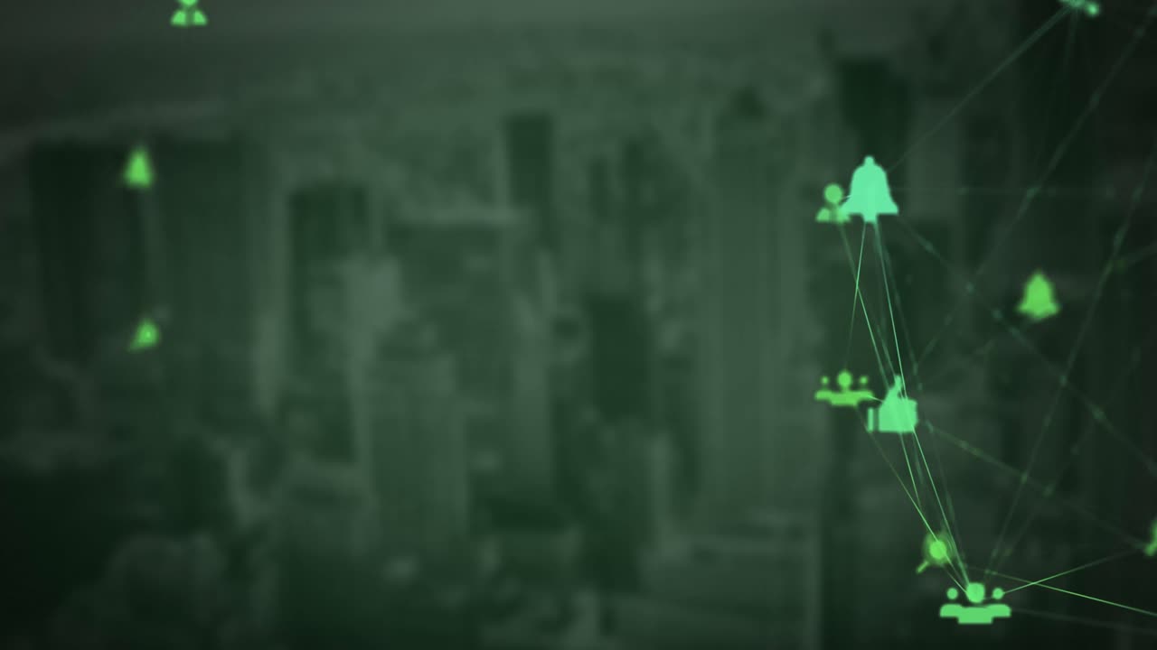 Globe of digital icons against cityscape