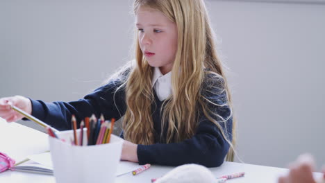 a schoolgirl sitting at a table in a primary school class drawing, front view, selective focus