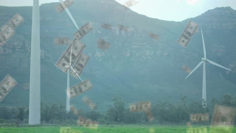 falling dollar bills animation over wind turbines in mountainous landscape