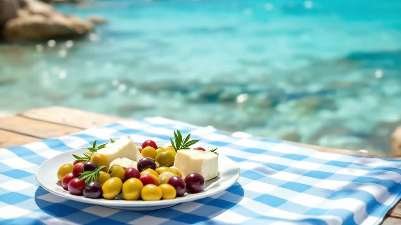 Fresh fruit platter with cheese on checkered tablecloth by tranquil blue ocean water