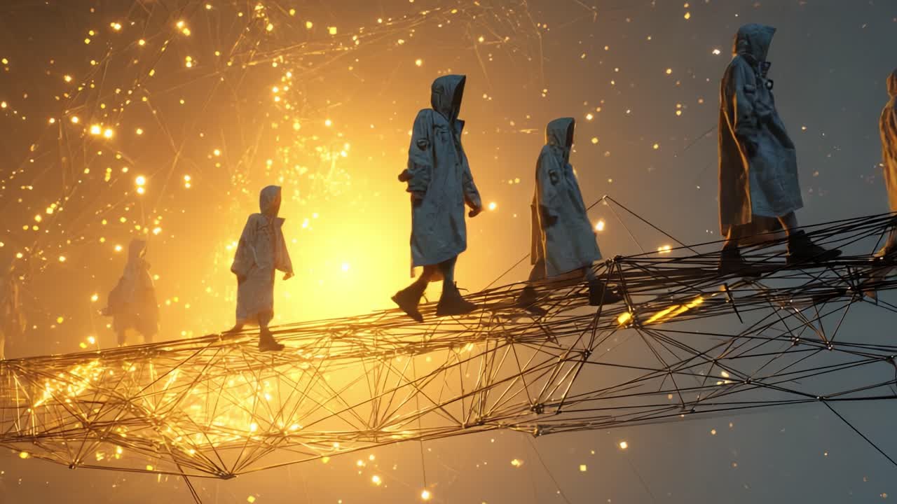 People Walking on a Futuristic Network Bridge