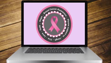 Animation-of-pink-ribbon-logo-and-breast-cancer-text-on-laptop-screen